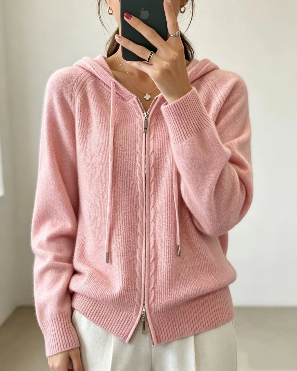 Women's Zip Hooded Cardigan with Relaxed Fit & Ribbed Cuffs
