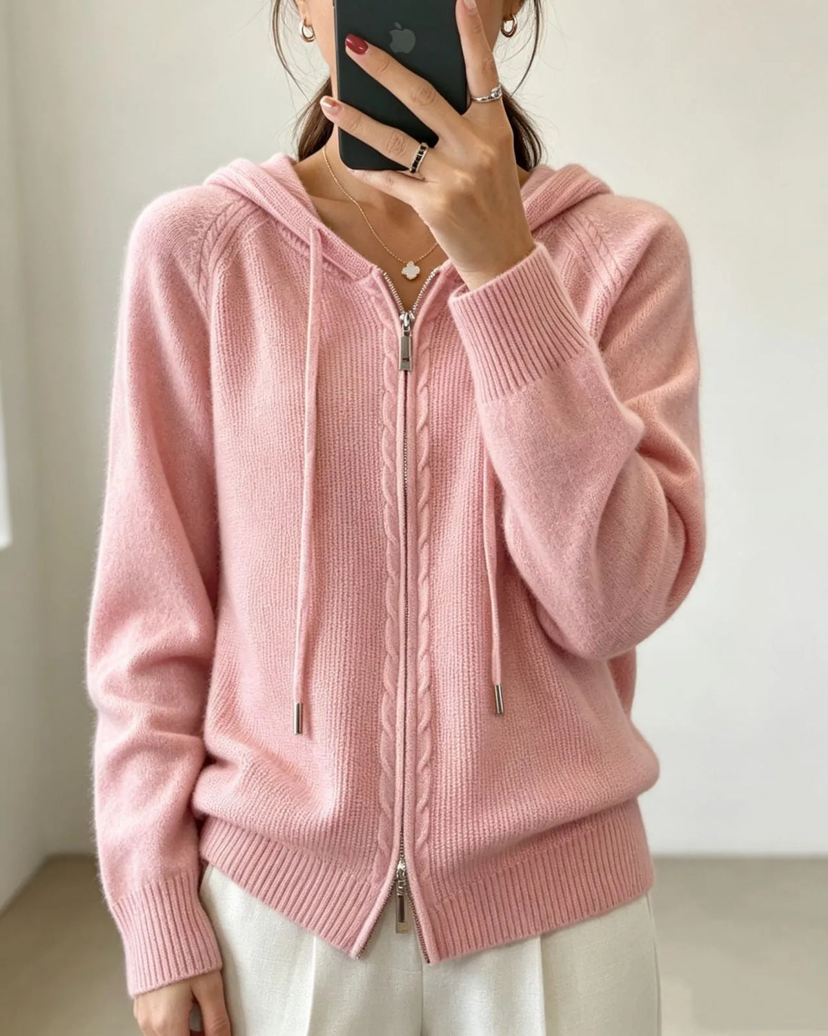 Women's Zip Hooded Cardigan with Relaxed Fit & Ribbed Cuffs