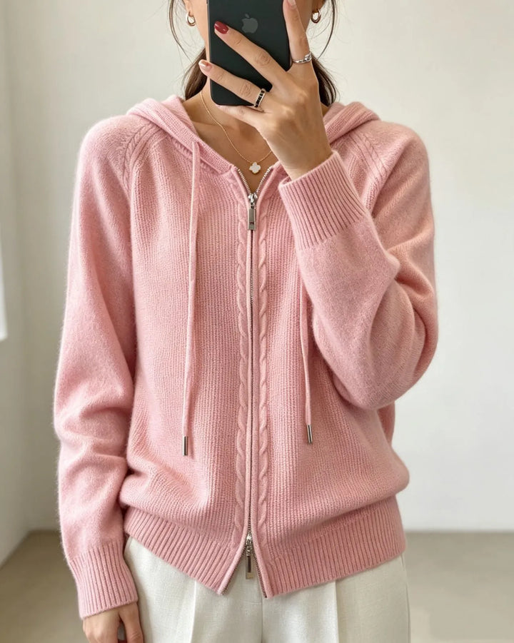 Women's Zip Hooded Cardigan with Relaxed Fit & Ribbed Cuffs